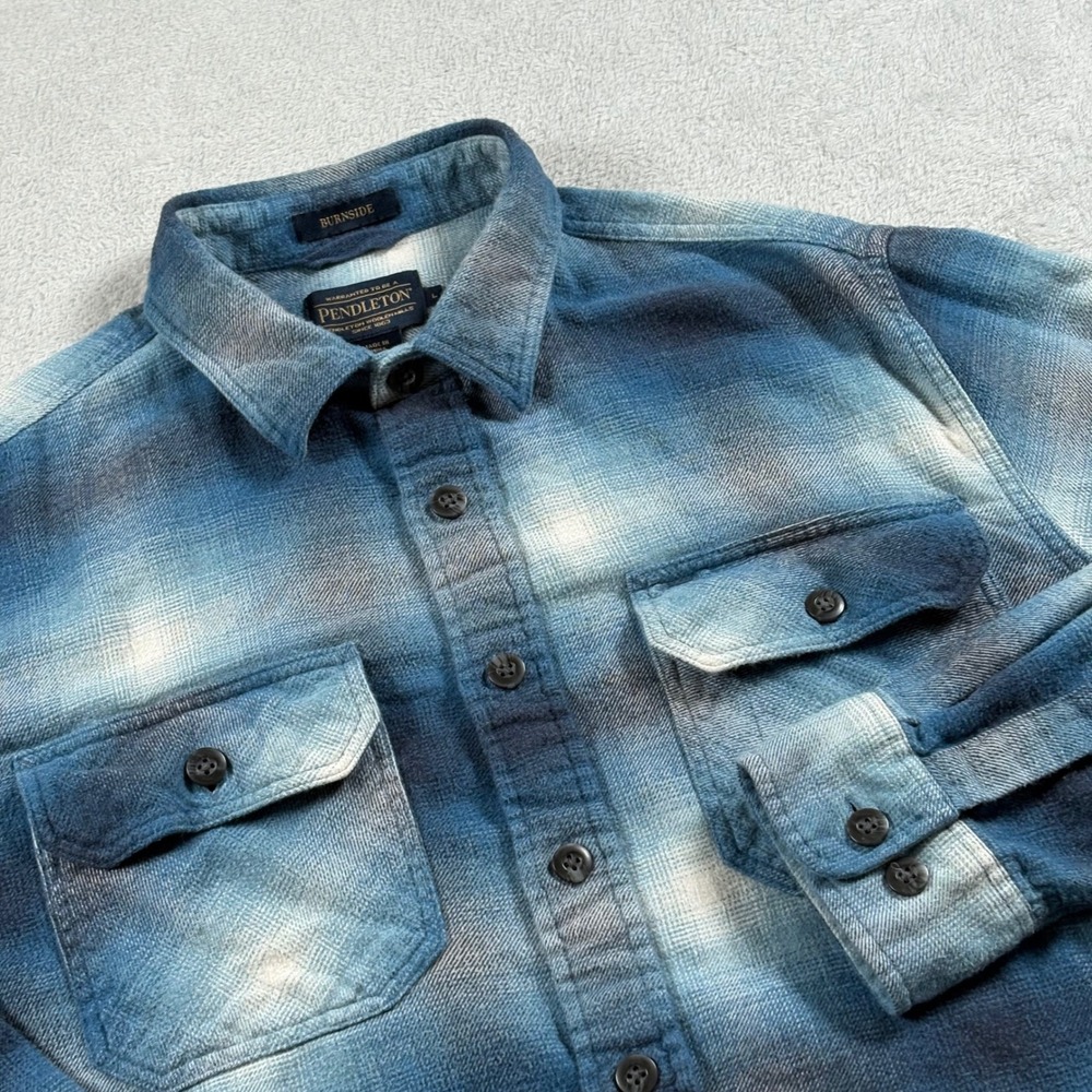 Pendleton Burnside Mens Blue Ombre Plaid Flannel Shirt Cotton Pockets Large